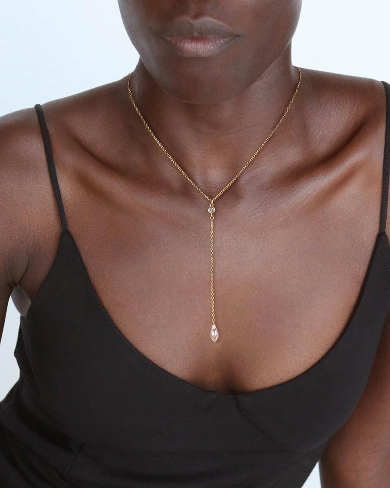Pancert Gold Necklace for Women, Dainty Long Necklace 14k Gold Plated/Silver Y-Shaped Pendant Necklace Trendy Layered Cz Beaded Chain Lip chain Drop Necklaces for Women Gift Jewelry - Image 1